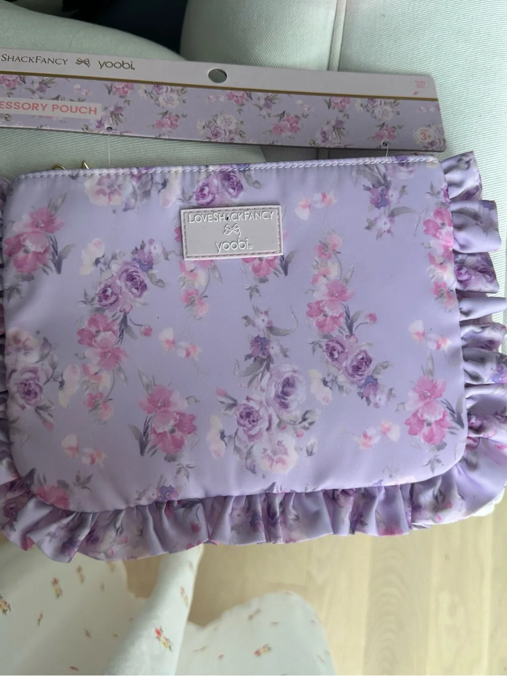 LoveShackFancy Kids Floral Ruffle Accessory Pouch in Lavender Pink